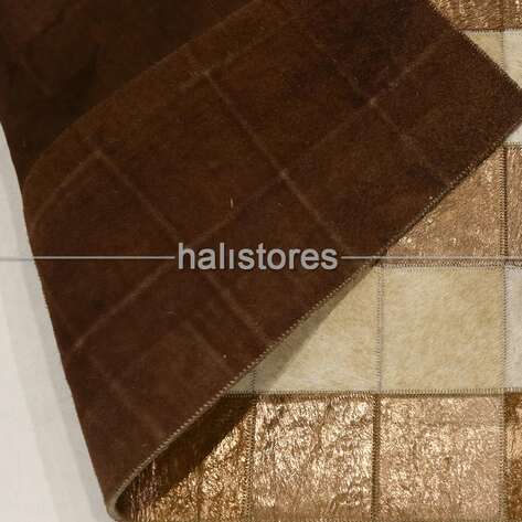 Varaklı Krem-Kahve Deri Patchwork Halı - 6