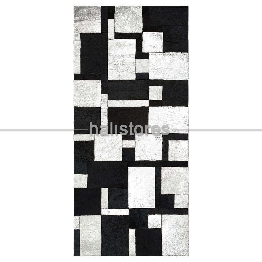 Varaklı Siyah-Gri Deri Patchwork Halı
