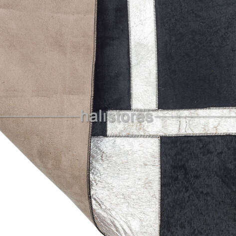 Varaklı Siyah-Gri Deri Patchwork Halı - 4