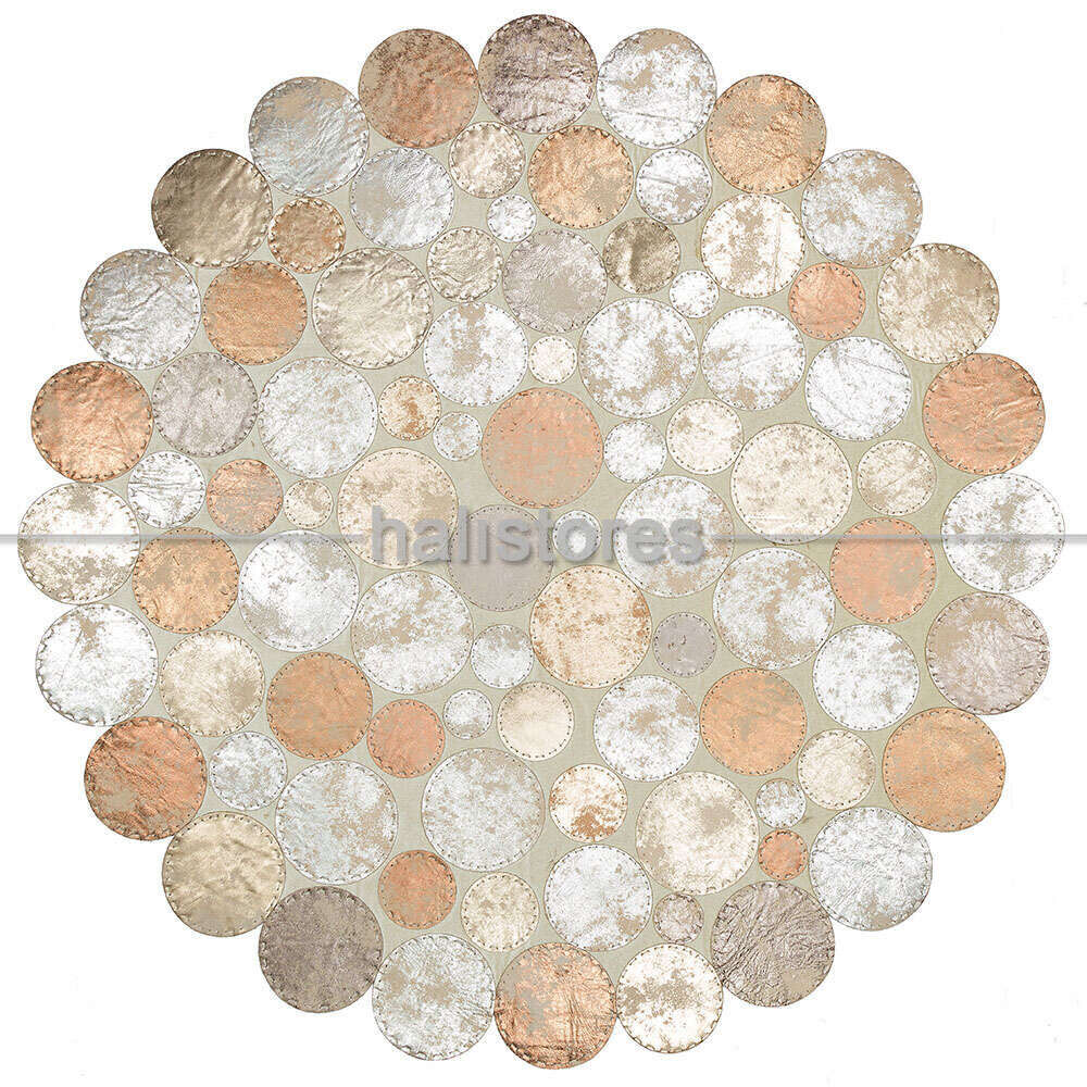 Varaklı Yuvarlak Krem Deri Patchwork Halı