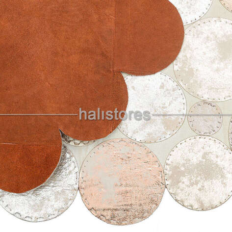 Varaklı Yuvarlak Krem Deri Patchwork Halı - 4
