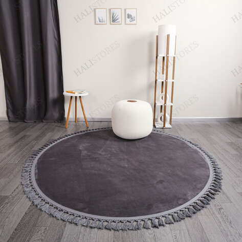 Yuvarlak Antrasit Peluş Yıkanabilir Halı - 3