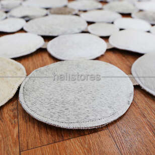Yuvarlak Deri Patchwork Halı Gri-Beyaz (5)