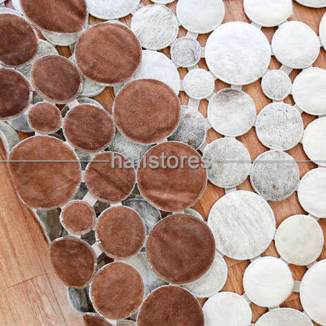 Yuvarlak Deri Patchwork Halı Gri-Beyaz - 6