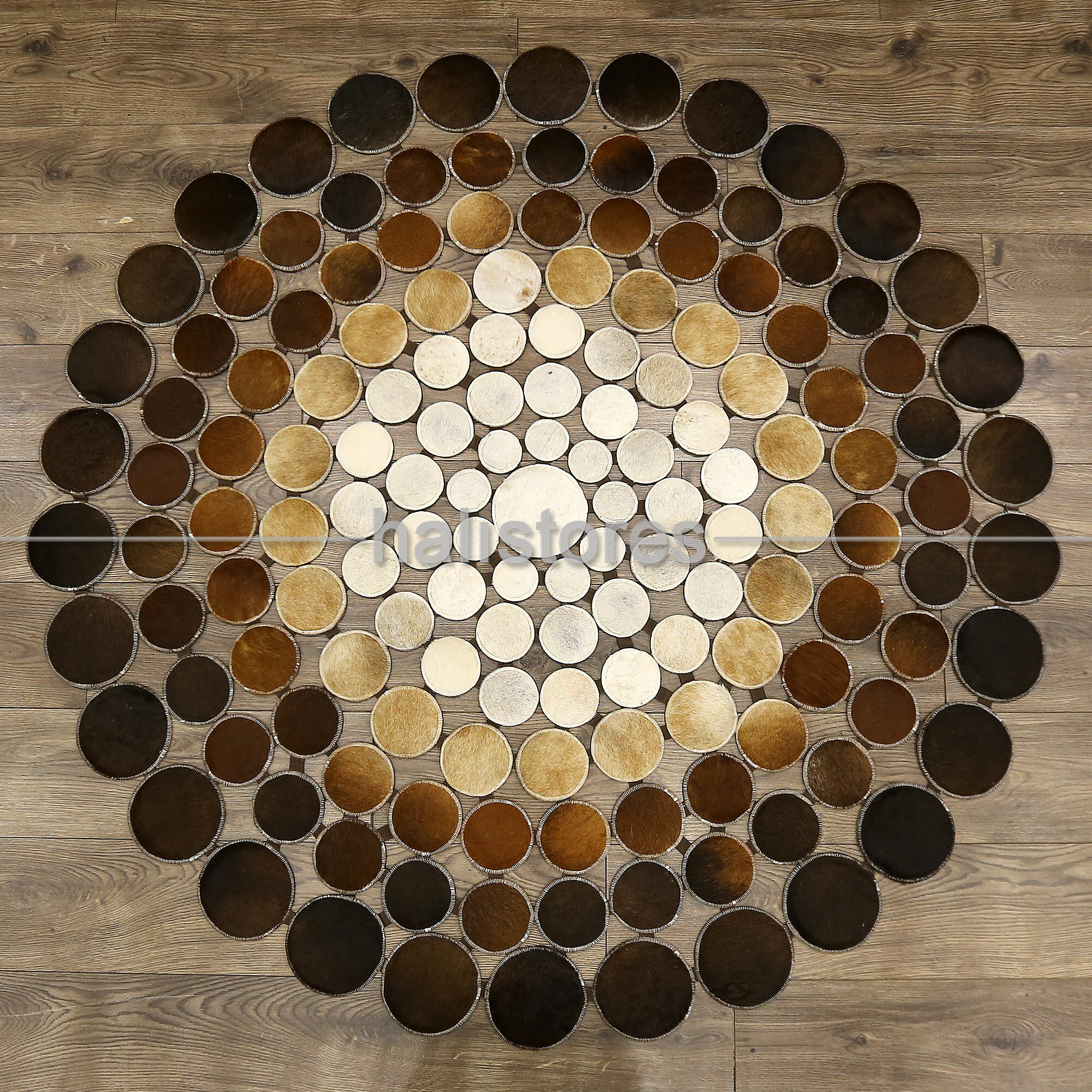 Yuvarlak Deri Patchwork Halı Kahve Geçişli