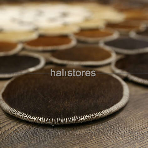 Yuvarlak Deri Patchwork Halı Kahve Geçişli - 3