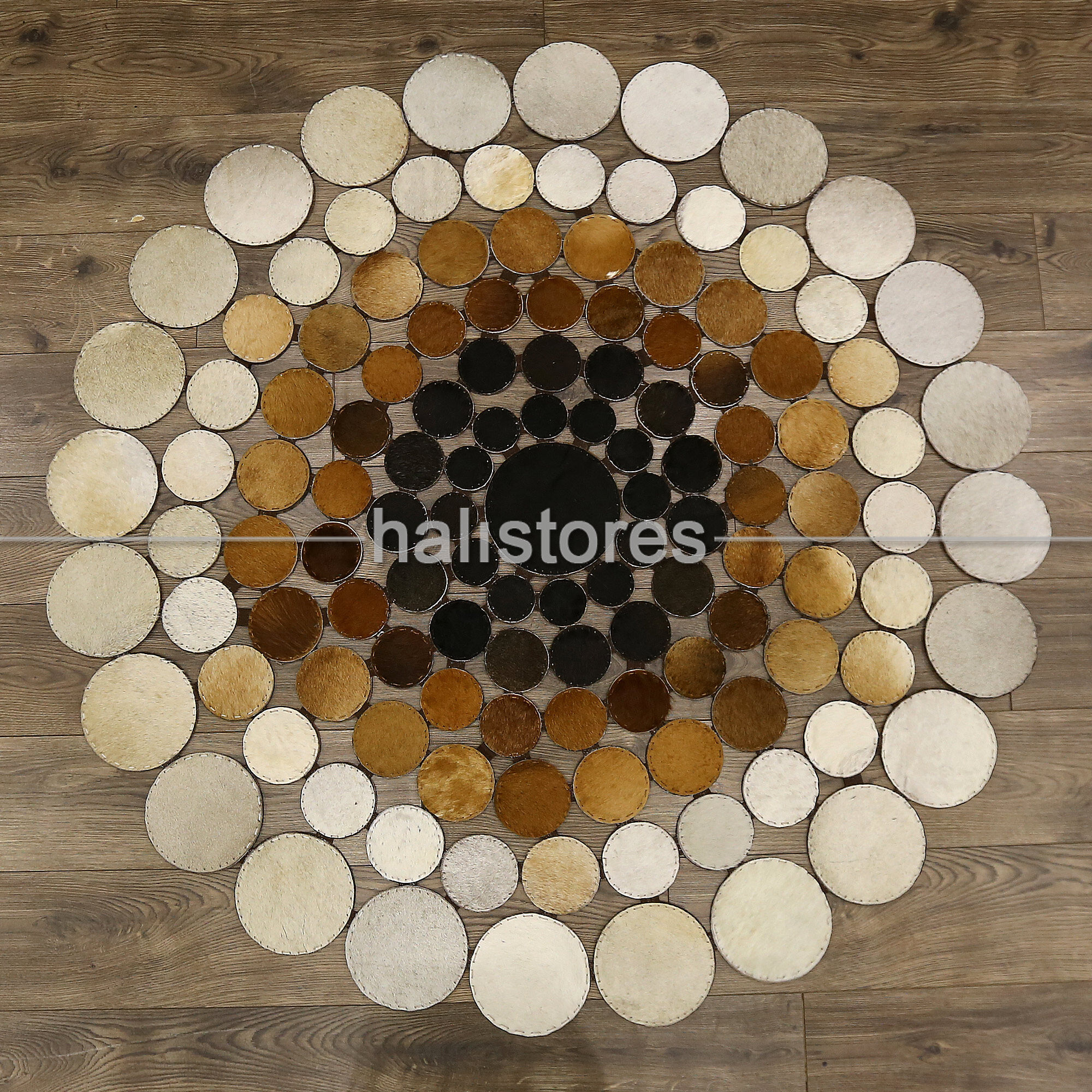 Yuvarlak Deri Patchwork Halı Kahve-Krem