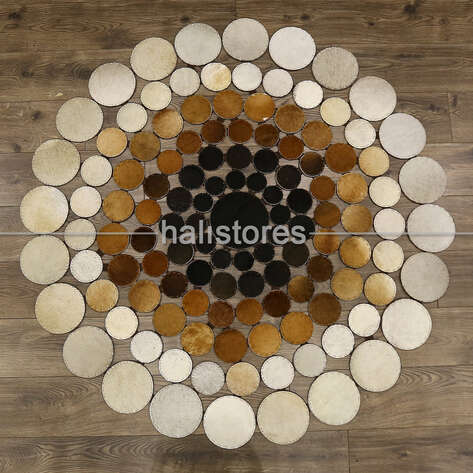 Yuvarlak Deri Patchwork Halı Kahve-Krem - 1