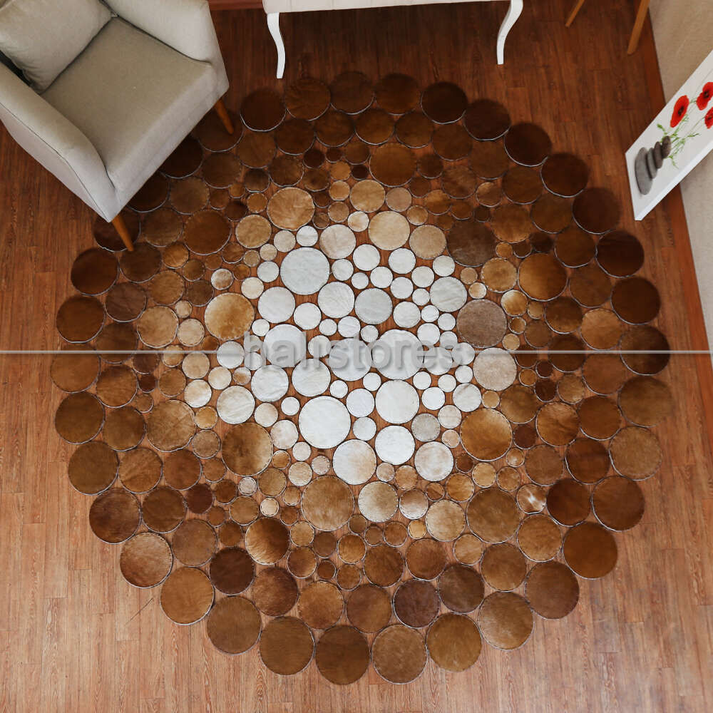Yuvarlak Deri Patchwork Halı Kahve-Krem Geçişli