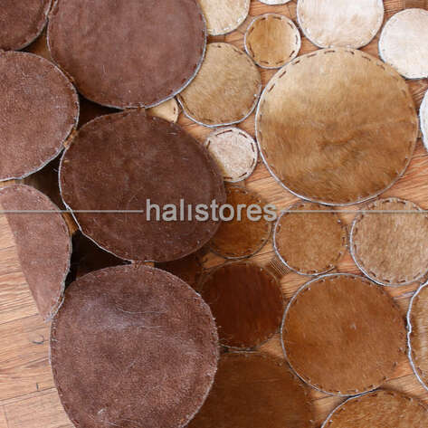 Yuvarlak Deri Patchwork Halı Kahve-Krem Geçişli - 6