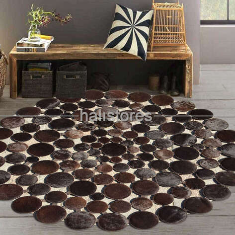 Yuvarlak Deri Patchwork Halı Koyu Kahve - 2