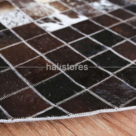 Yuvarlak Deri Patchwork Halı Koyu Kahve-Krem - 5