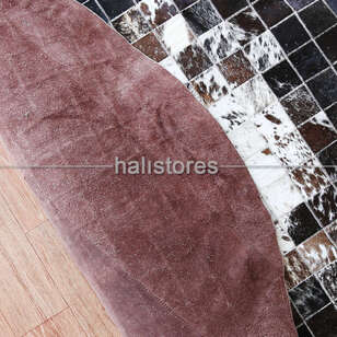 Yuvarlak Deri Patchwork Halı Koyu Kahve-Krem (6)