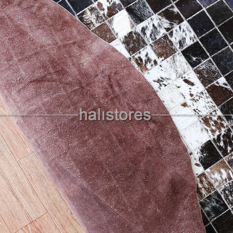 Yuvarlak Deri Patchwork Halı Koyu Kahve-Krem - 6