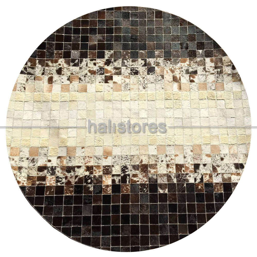 Yuvarlak Deri Patchwork Halı Koyu Kahve-Krem Geçişli