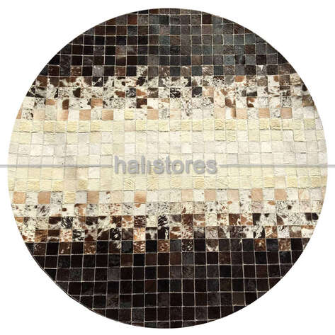 Yuvarlak Deri Patchwork Halı Koyu Kahve-Krem Geçişli - 1