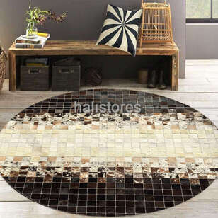 Yuvarlak Deri Patchwork Halı Koyu Kahve-Krem Geçişli (2)