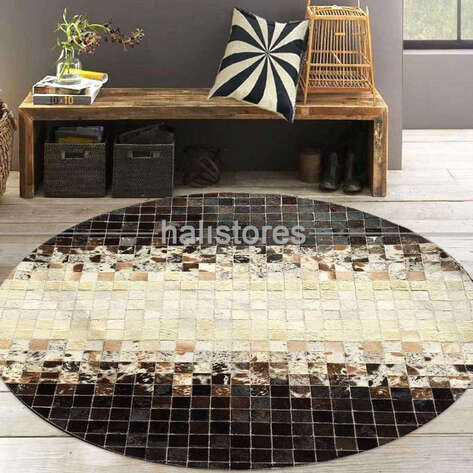 Yuvarlak Deri Patchwork Halı Koyu Kahve-Krem Geçişli - 2