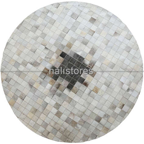 Yuvarlak Deri Patchwork Halı Krem-Kahve - 1