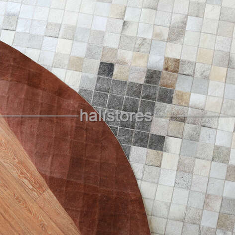 Yuvarlak Deri Patchwork Halı Krem-Kahve - 6