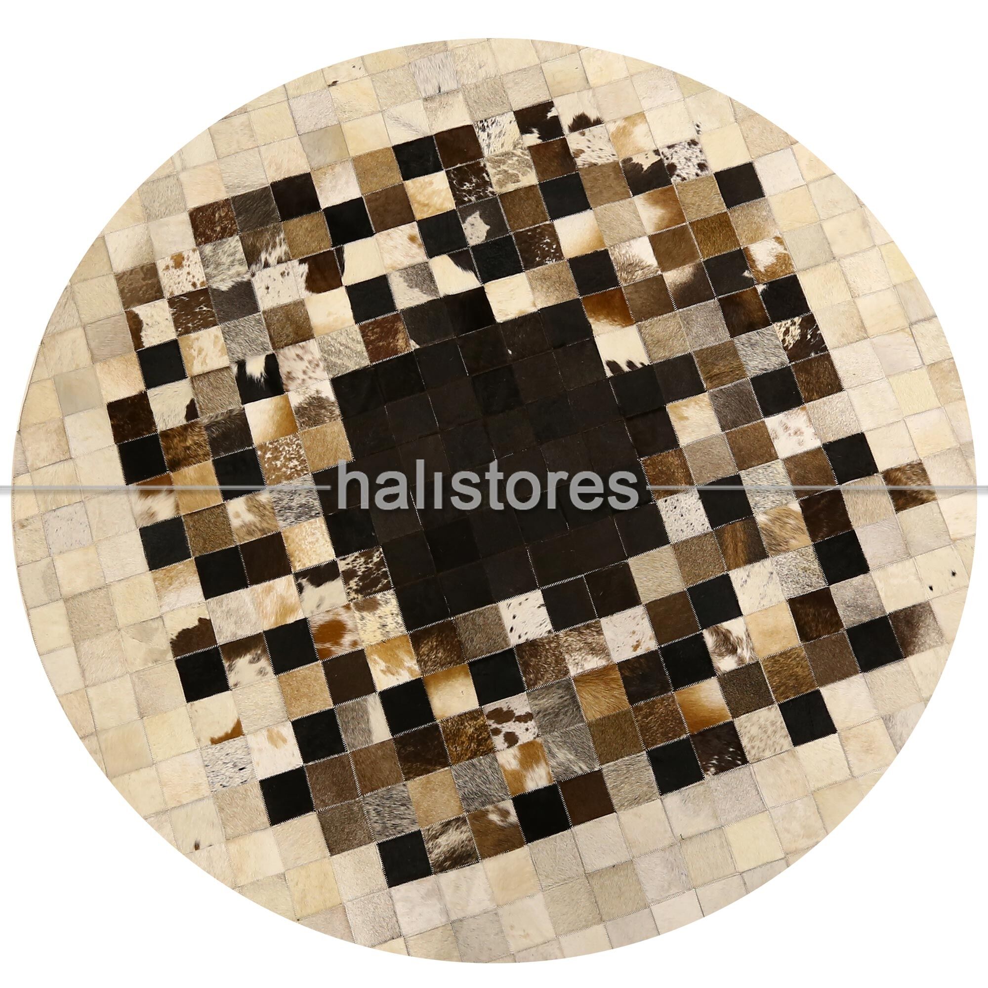 Yuvarlak Deri Patchwork Halı Krem-Kahve Detaylı
