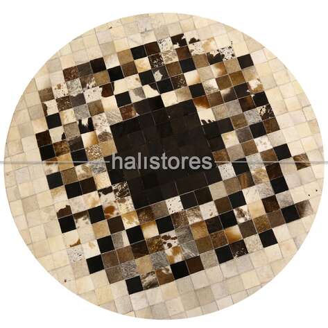 Yuvarlak Deri Patchwork Halı Krem-Kahve Detaylı - 1