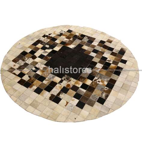 Yuvarlak Deri Patchwork Halı Krem-Kahve Detaylı - 2
