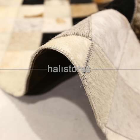 Yuvarlak Deri Patchwork Halı Krem-Kahve Detaylı - 3