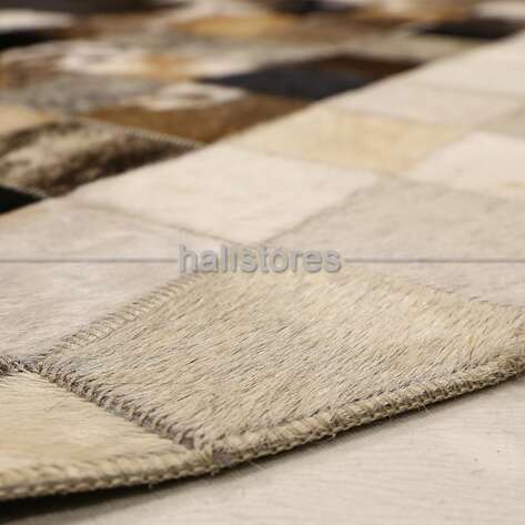 Yuvarlak Deri Patchwork Halı Krem-Kahve Detaylı - 4
