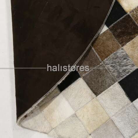 Yuvarlak Deri Patchwork Halı Krem-Kahve Detaylı - 5