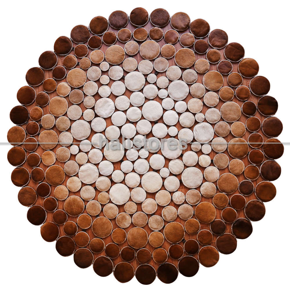 Yuvarlak Deri Patchwork Halı Krem-Kahve Geçişli