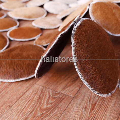 Yuvarlak Deri Patchwork Halı Krem-Kahve Geçişli - 3