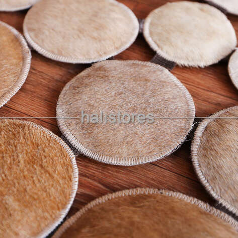 Yuvarlak Deri Patchwork Halı Krem-Kahve Geçişli - 4