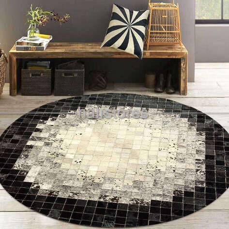 Yuvarlak Deri Patchwork Halı Siyah-Beyaz - 2