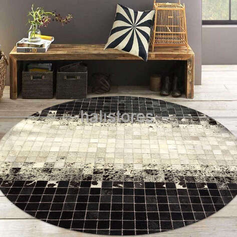 Yuvarlak Deri Patchwork Halı Siyah-Beyaz Geçişli - 2