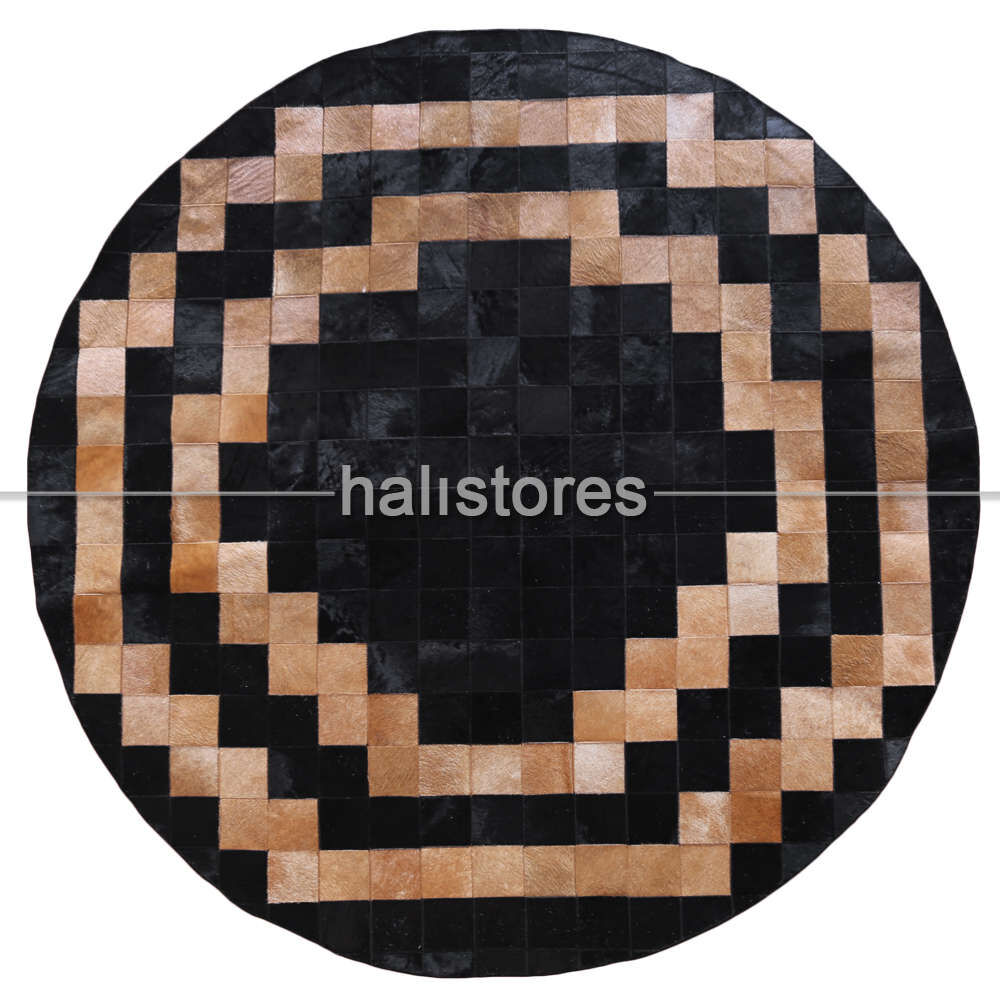 Yuvarlak Deri Patchwork Halı Siyah