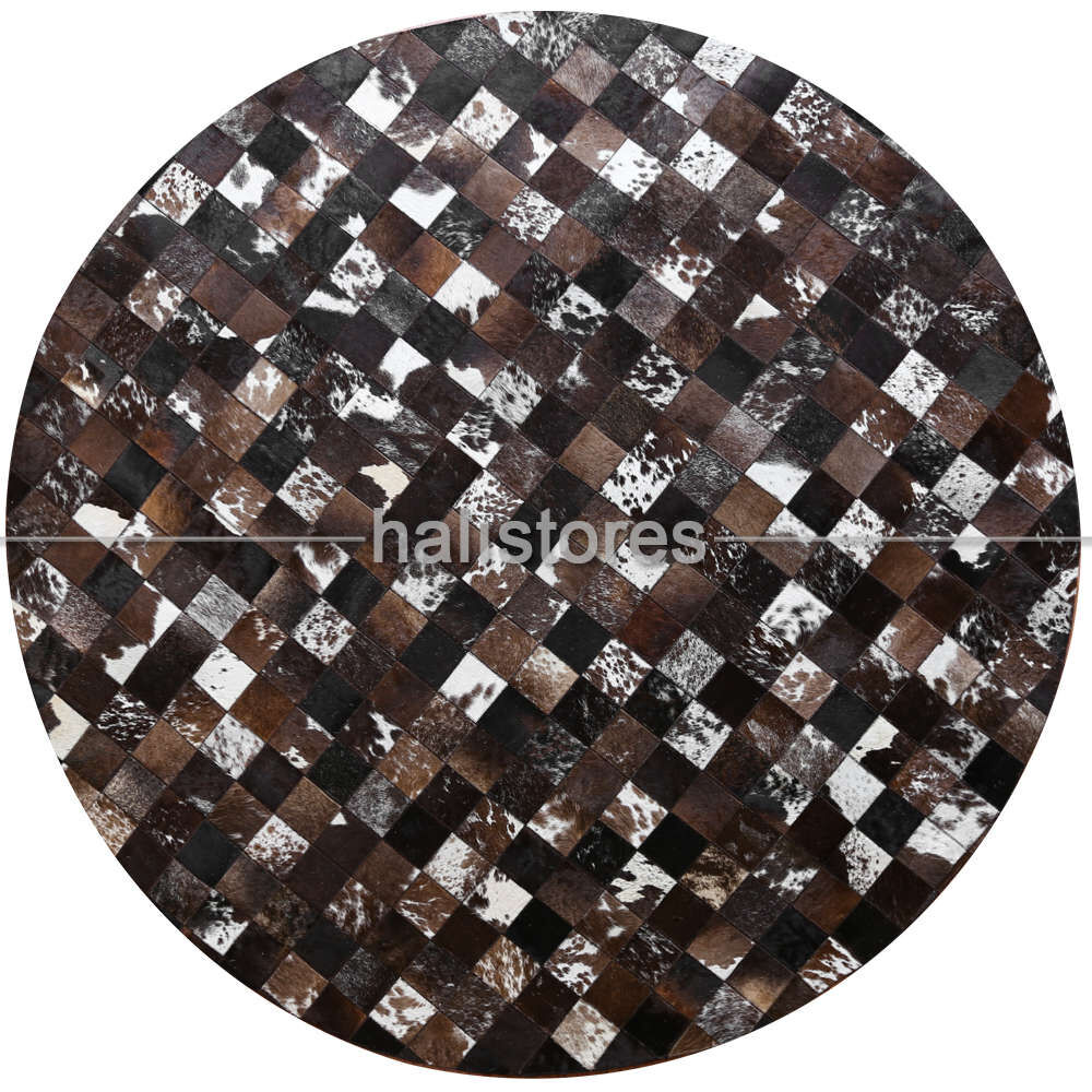 Yuvarlak Koyu Kahve Deri Patchwork Halı
