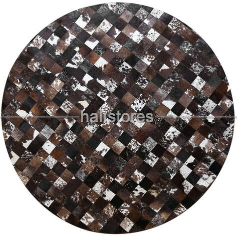 Yuvarlak Koyu Kahve Deri Patchwork Halı - 1