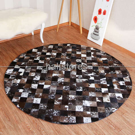 Yuvarlak Koyu Kahve Deri Patchwork Halı - 2