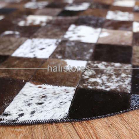 Yuvarlak Koyu Kahve Deri Patchwork Halı - 4
