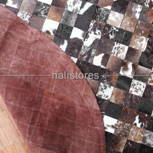 Yuvarlak Koyu Kahve Deri Patchwork Halı (5)