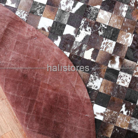 Yuvarlak Koyu Kahve Deri Patchwork Halı - 5