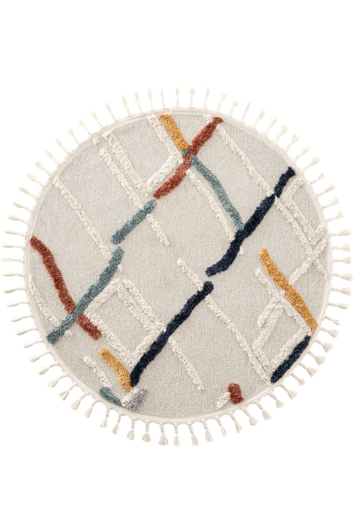 Yuvarlak Yumuşak Dokulu Etnik Örgü Desenlere Sahip Modern Renkli İskandinav Halı Trz 03 Çok Renkli